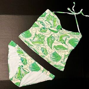 Lilly Pulitzer Jubilee Tankini Swimsuit Set Green/Cream SeaShells Size 14 HTF 🦄